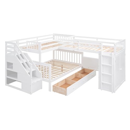L-Shaped Twin-Twin Over Full Bunk Bed with Stairs and Guardrails H5962