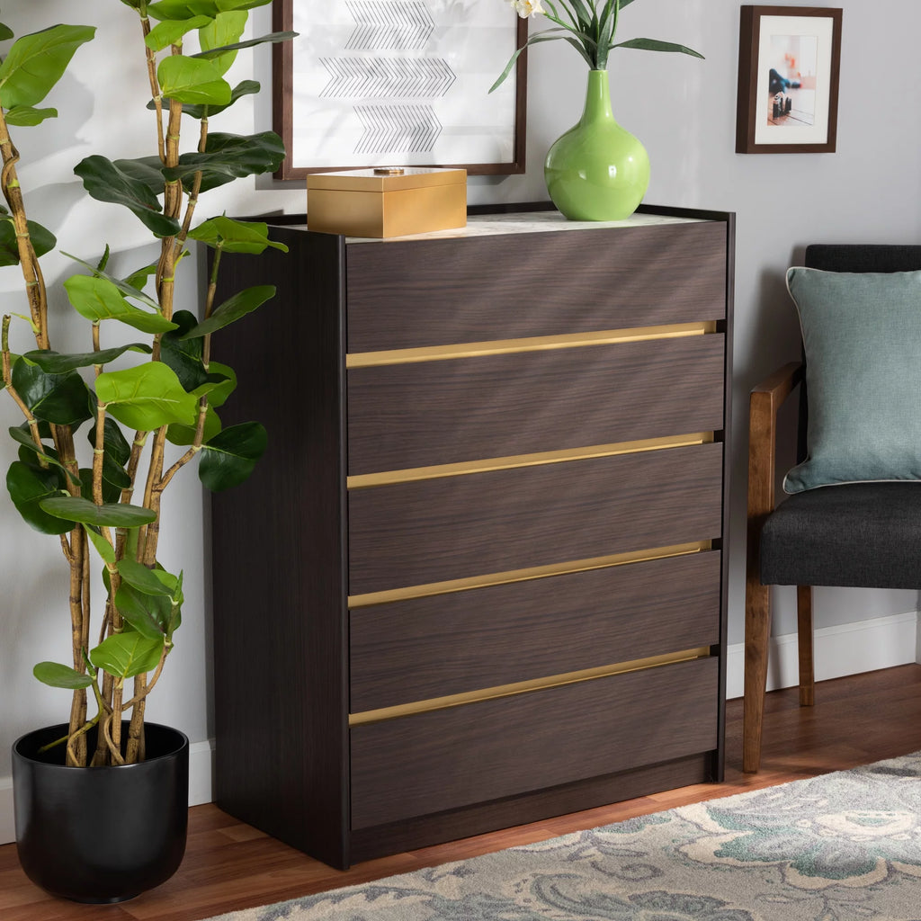 Dark Brown Gold Wood 5-Drawer Chest with Faux Marble Top J8393