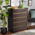 Dark Brown Gold Wood 5-Drawer Chest with Faux Marble Top J8393