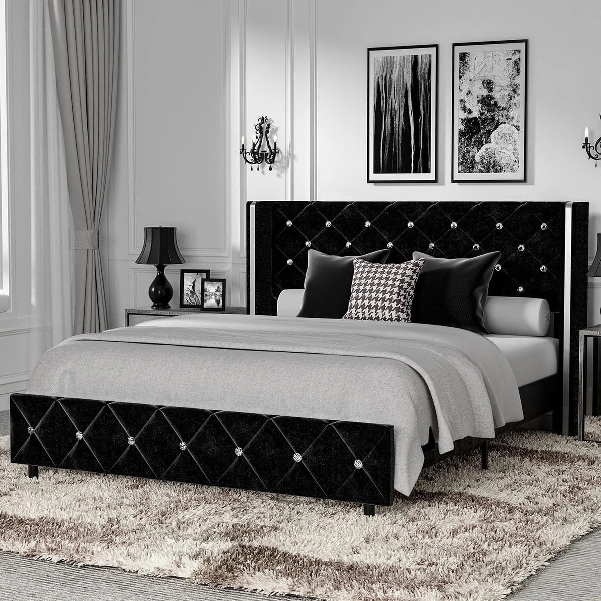 Queen Size Upholstered Platform Bed Frame with Wingback Diamond Tufted Headboard V587