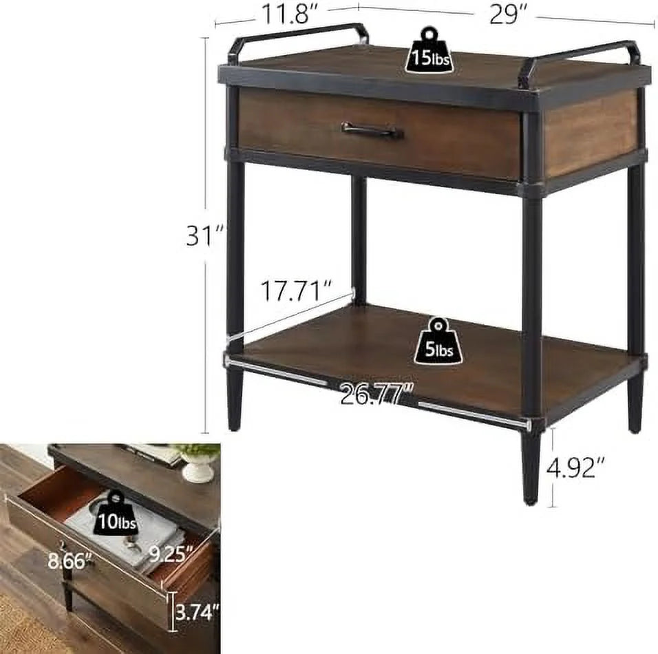 Rustic Brown and Black Nightstand with Drawer and Open Shelf Z404