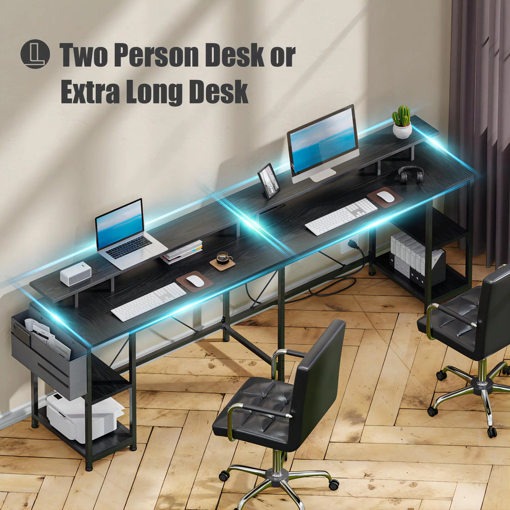 L Shaped Desk with LED Light and Monitor Stand, Black U406
