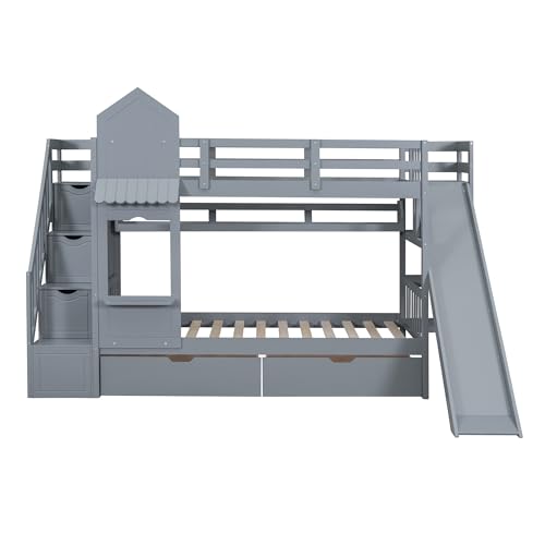 Full-Over-Full Wood Bunk Bed with Slide and Storage Staircase O90819