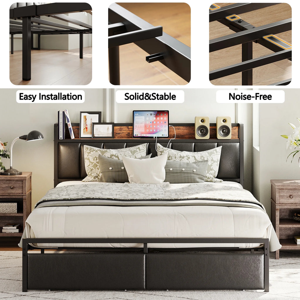 King Storage Bed Frame with Charging Station and Drawers A95008