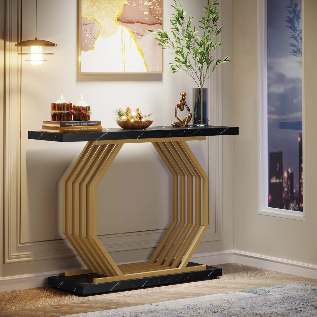 Gold Console Table with Geometric Metal Base E4043