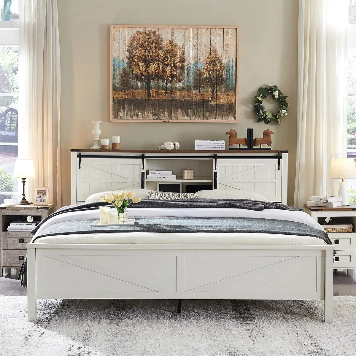 Light Rustic Oak Wood Platform Bed Frame with Bookcase Storage Headboard A76692