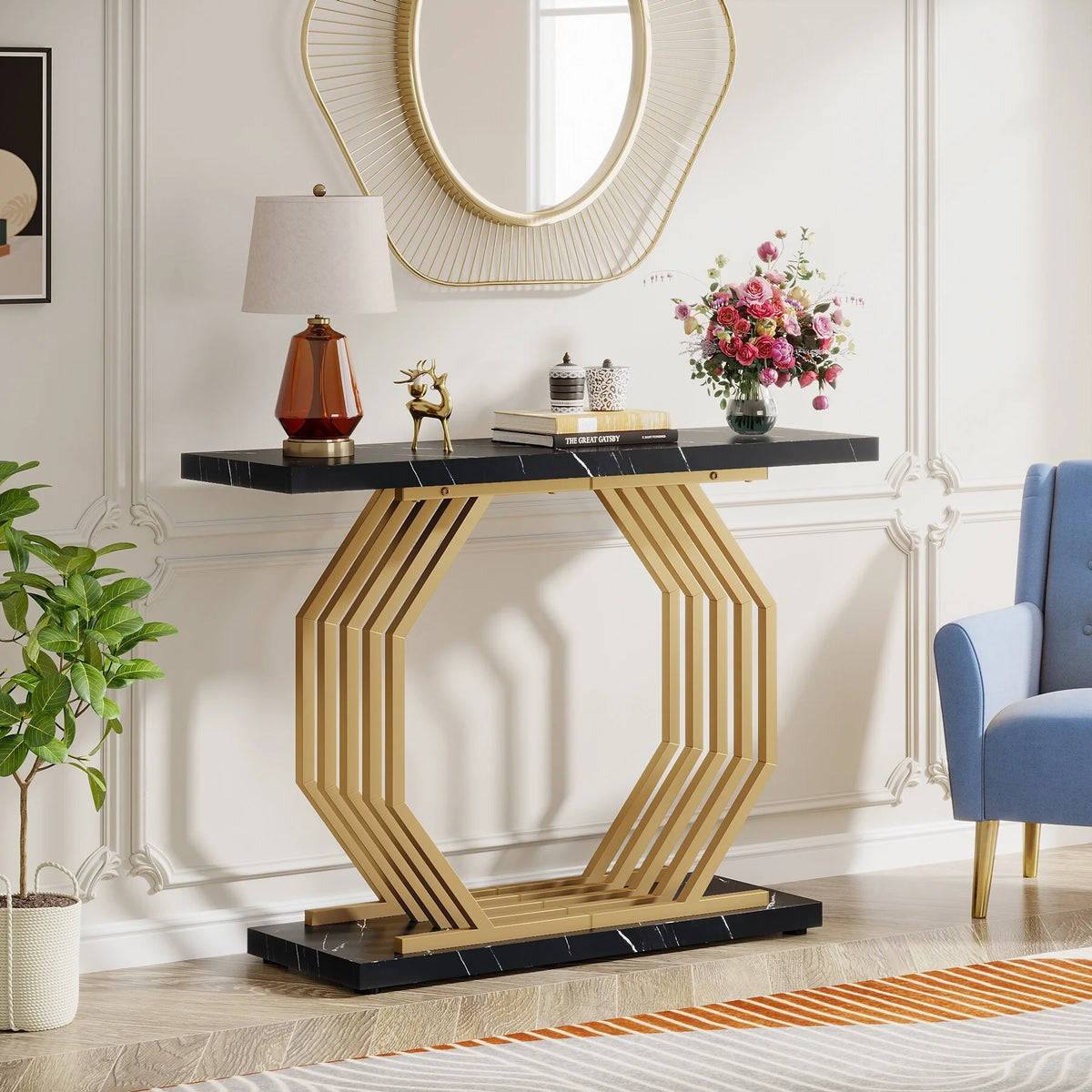 Gold Console Table with Geometric Metal Base E4043