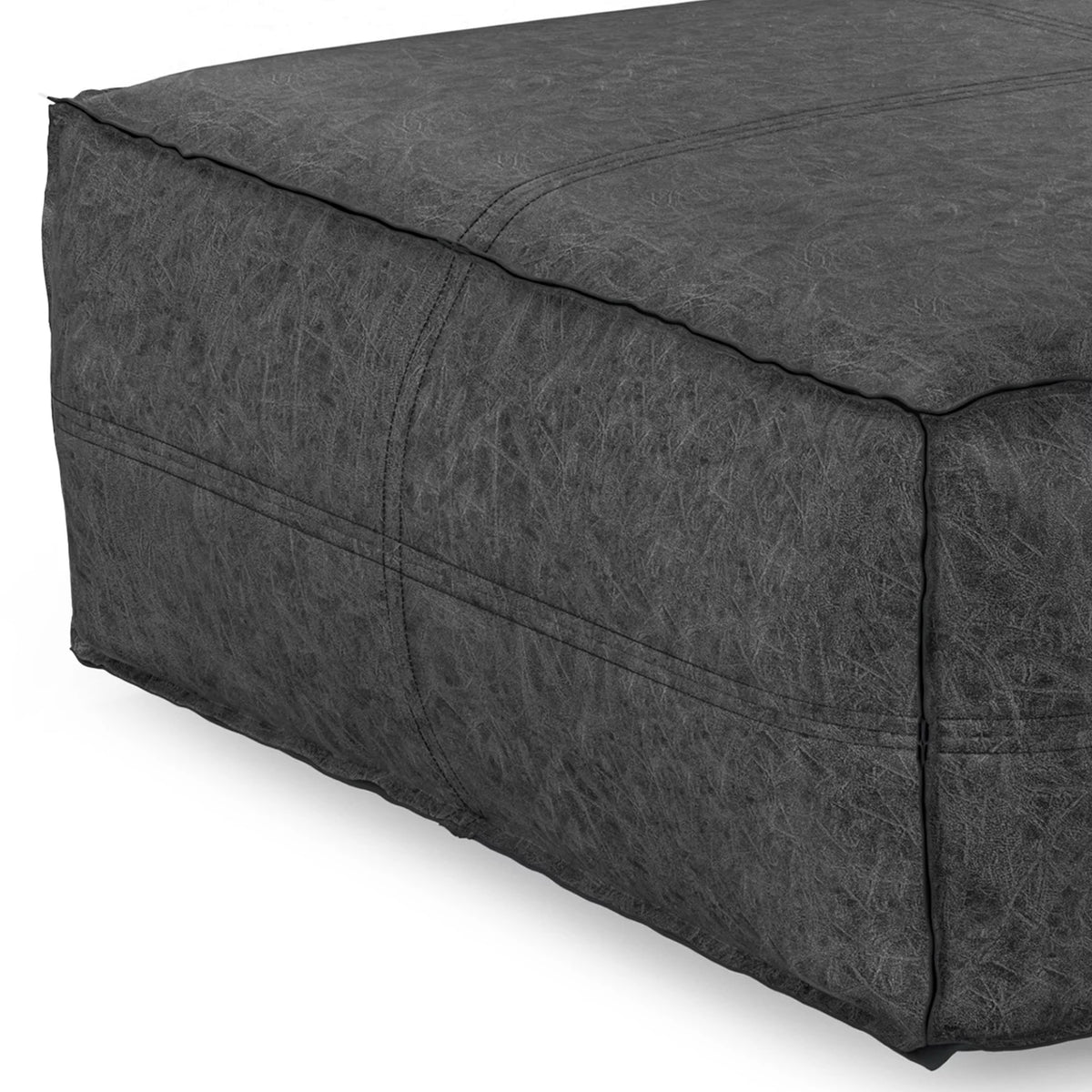 Distressed Black Vegan Faux Leather Pouf F460171