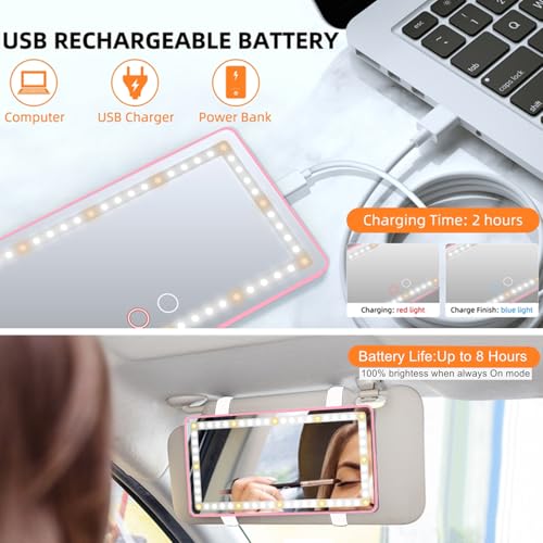 Rechargeable Clip-on Car Sun Visor Vanity Mirror with 3 Light Modes S94174