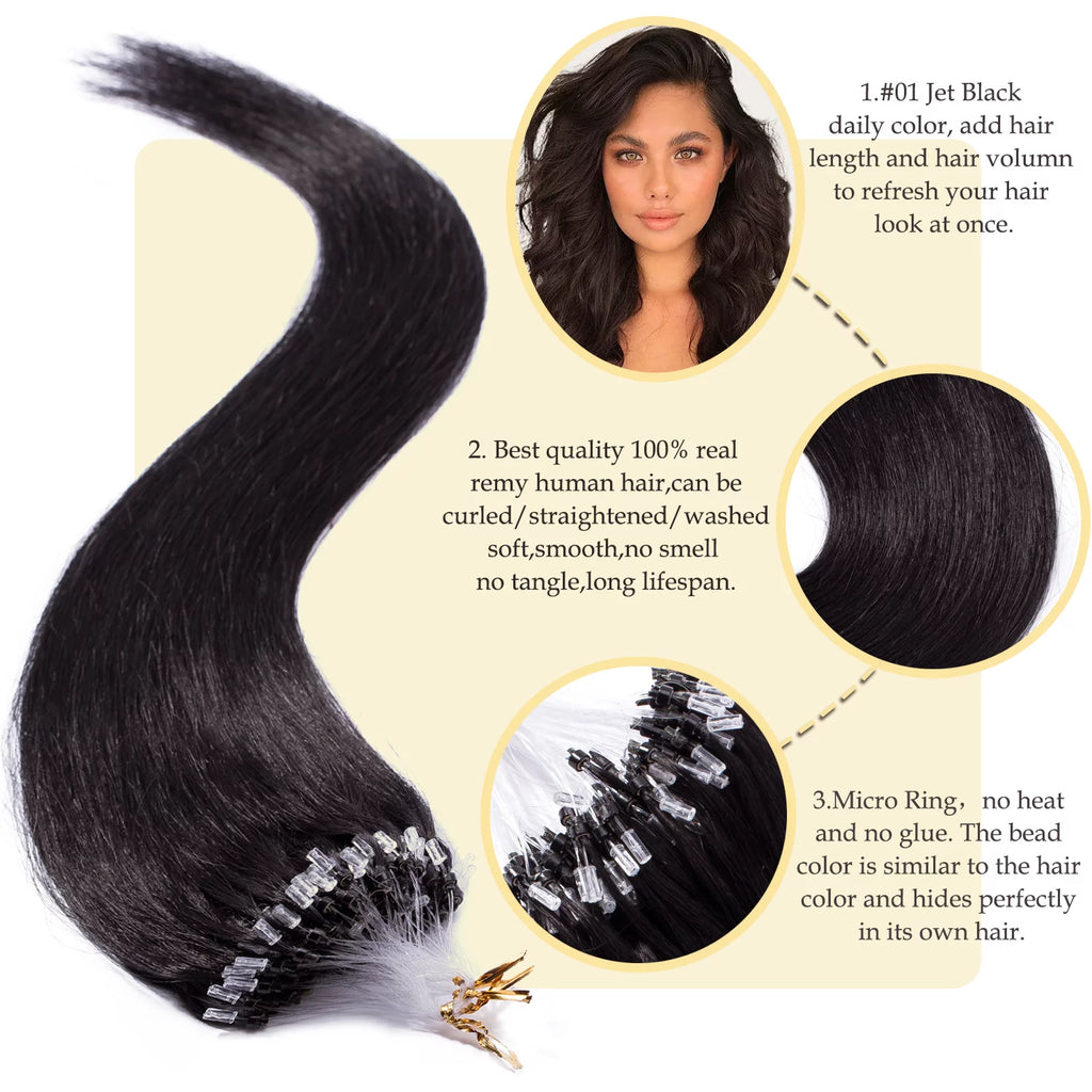 Black Micro Ring Human Hair Extensions 0.5g 100 Strands Y670244