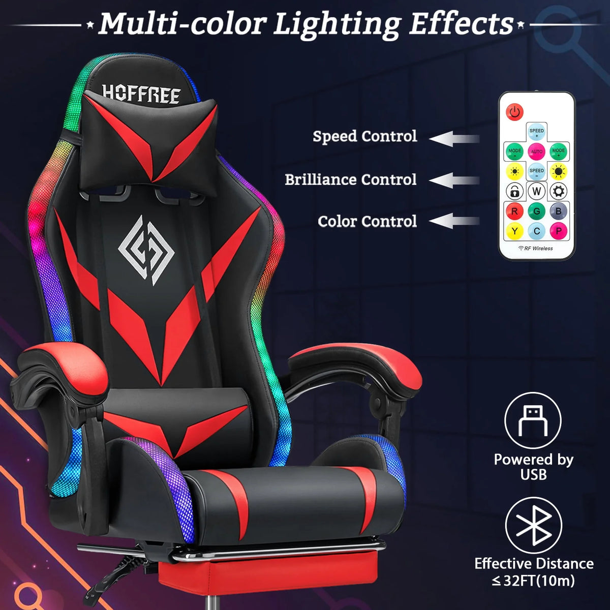 PU Leather Gaming Chair with Footrest and LED Lights E3948