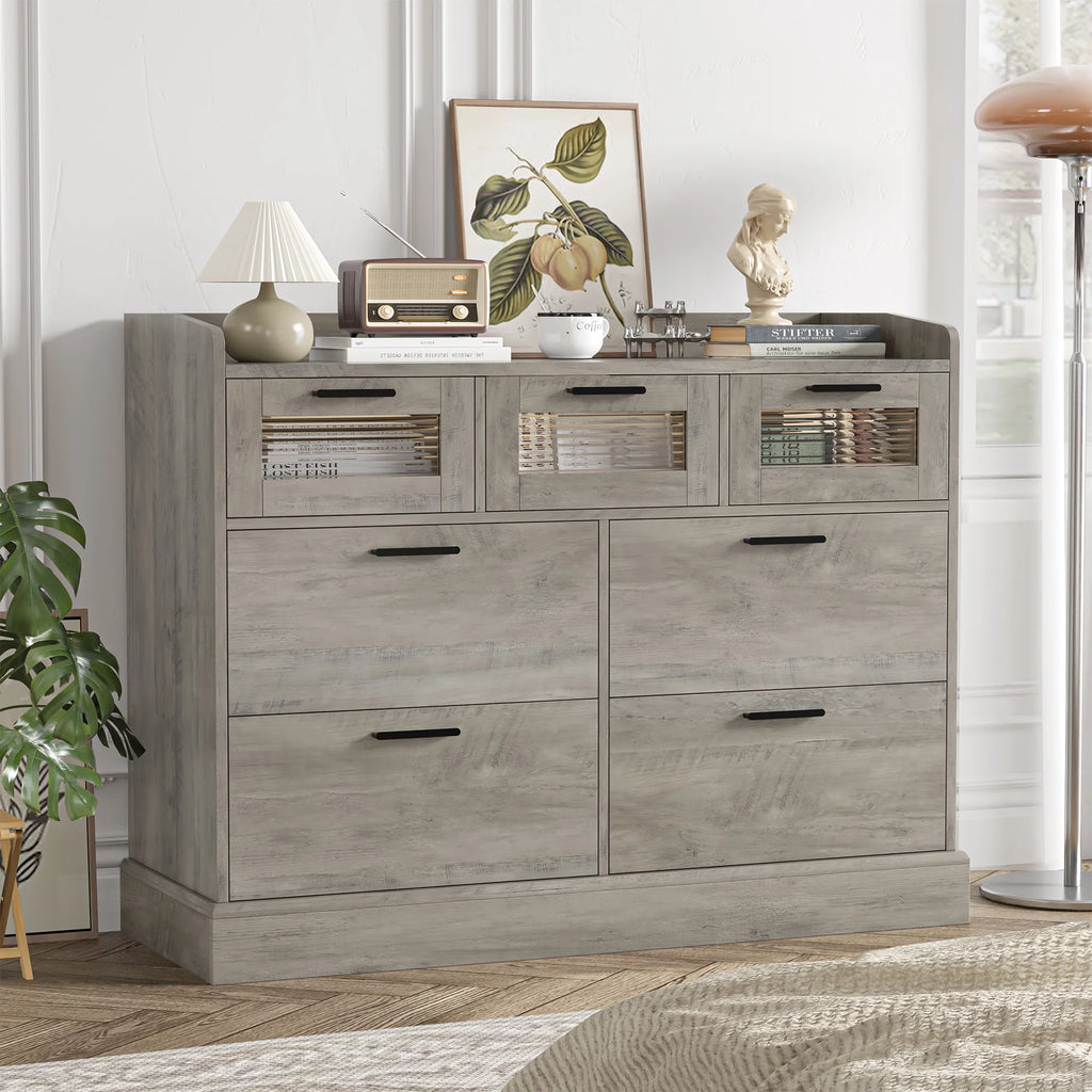 White 7 Drawer Glass Panel Wood Dresser A848