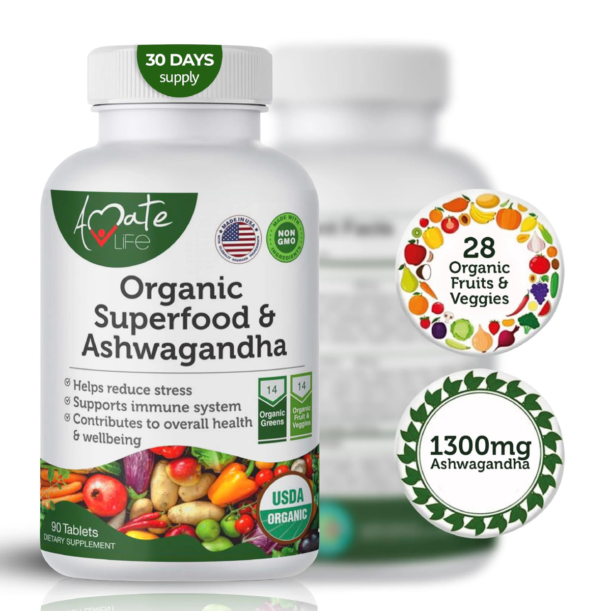 Organic Greens Fruits and Veggies Supplement with Ashwagandha 90 Tablets X319066
