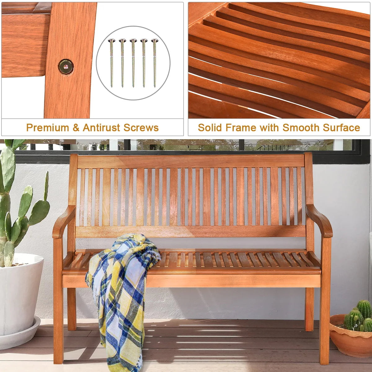50'' Two Person Outdoor Bench Loveseat Solid Wood N59029
