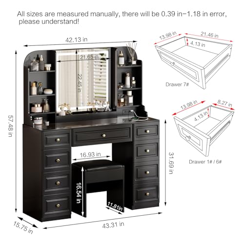 42" Black Makeup Vanity Desk with Mirror and Lights H58150