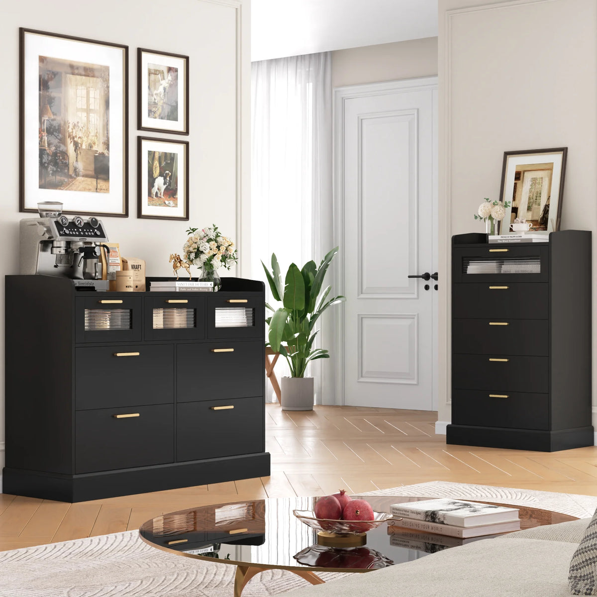 White 7 Drawer Glass Panel Wood Dresser A848