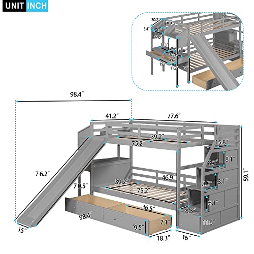 Full-Over-Full Wood Bunk Bed with Slide and Storage Staircase O90819