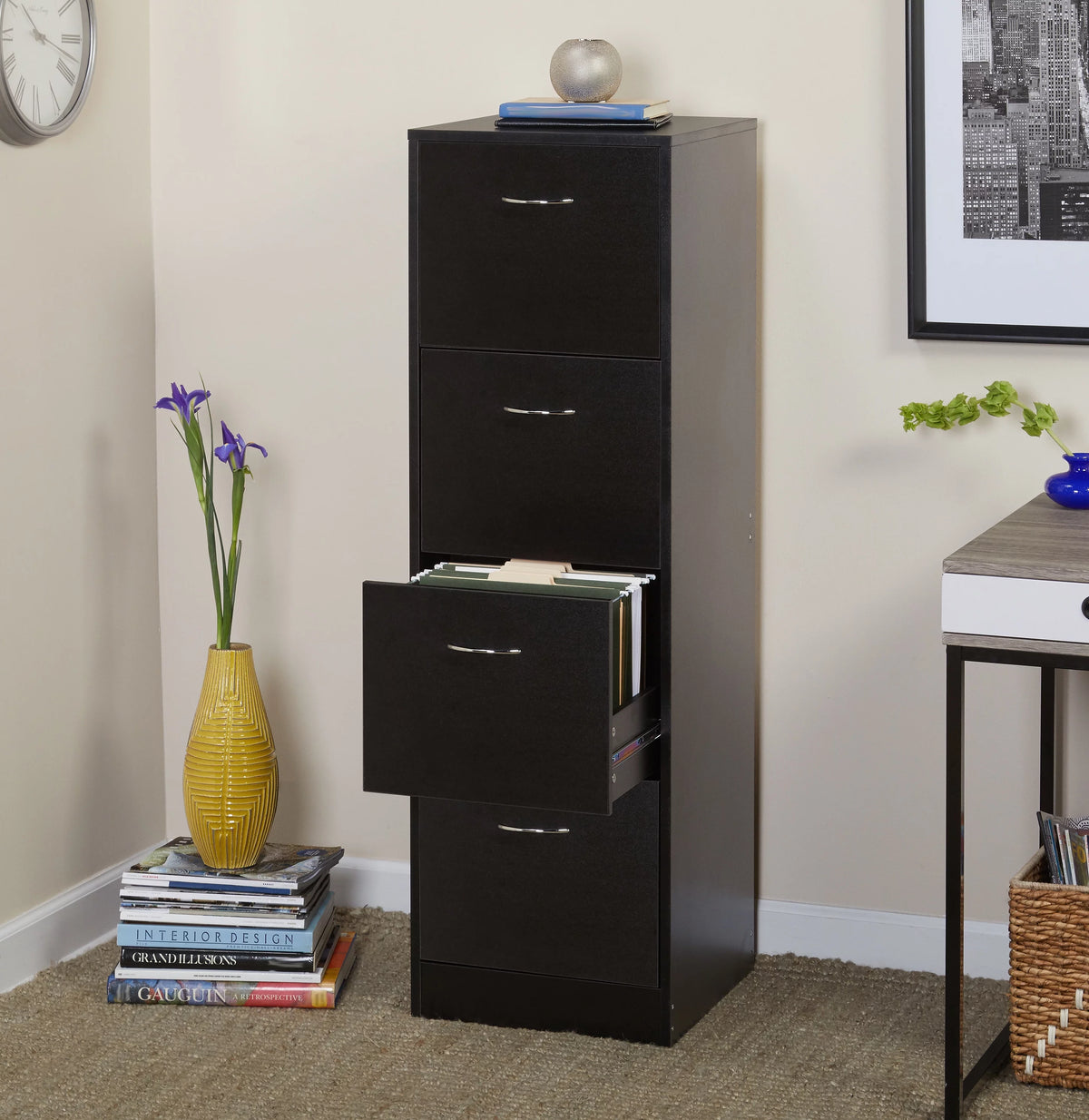 4 Drawer Wood Lockable Filing Cabinet, Black O985111