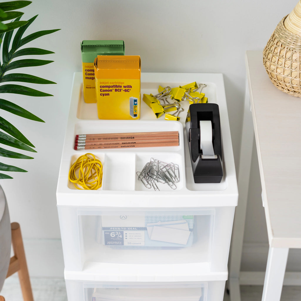 White 3 Drawer Narrow Plastic Storage Drawer with Organizer Top Y686313