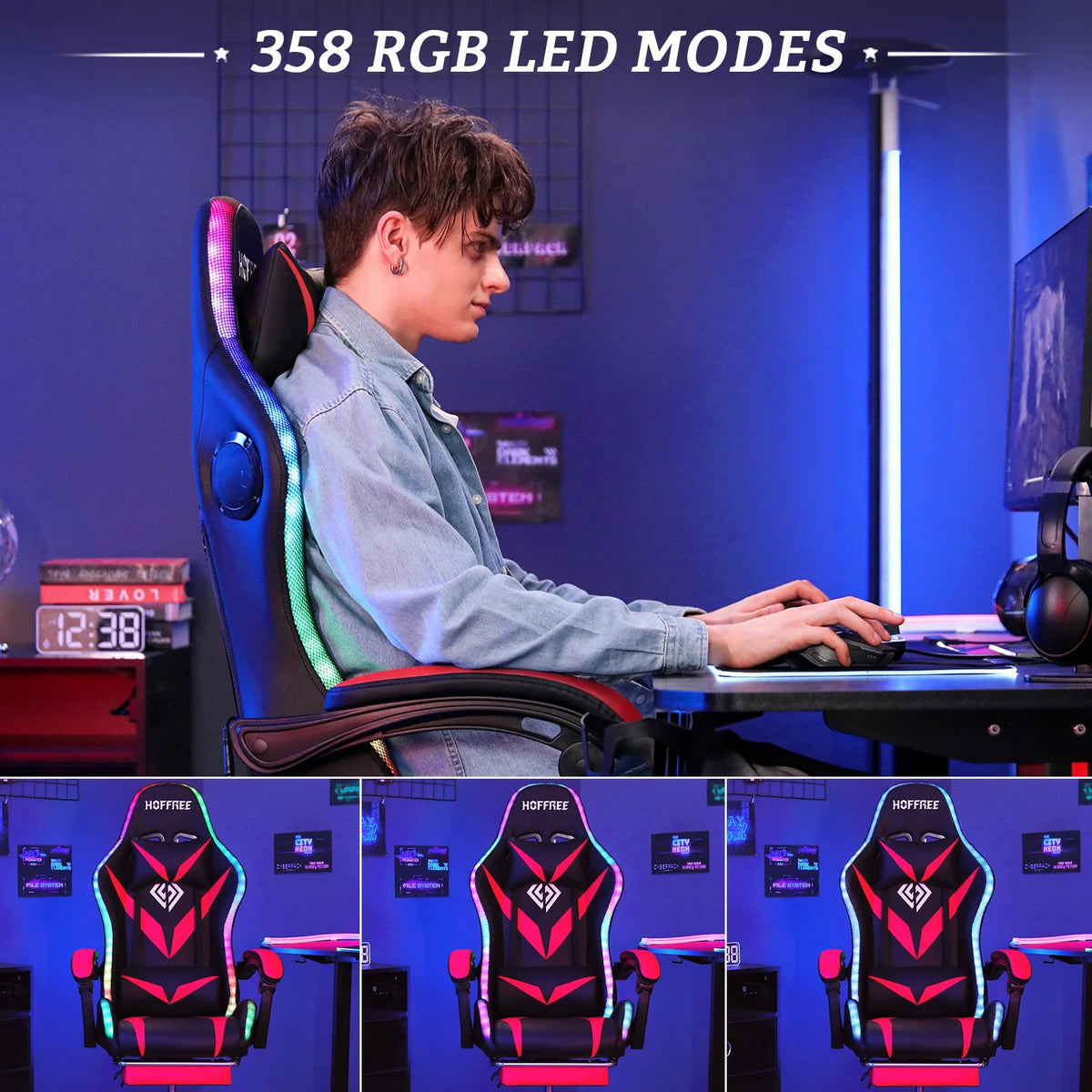 PU Leather Gaming Chair with Footrest and LED Lights E3948