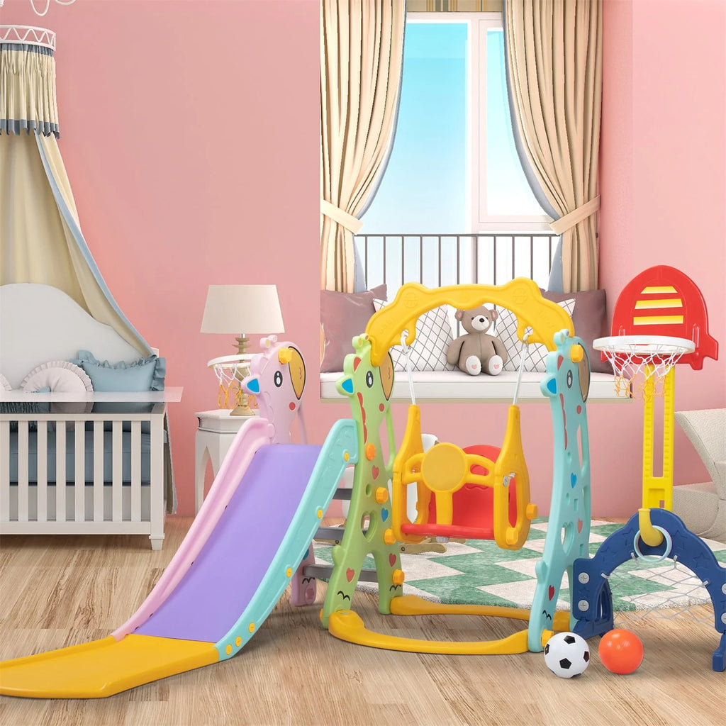 5 in 1 Kids Slide and Swing Set with 2 Basketball Hoops N88066