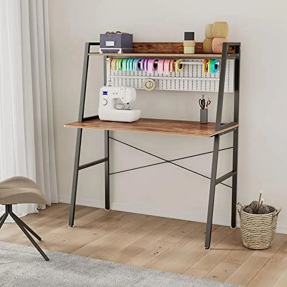 43 Inch Rustic Brown Computer Ladder Desk with Shelves W8772