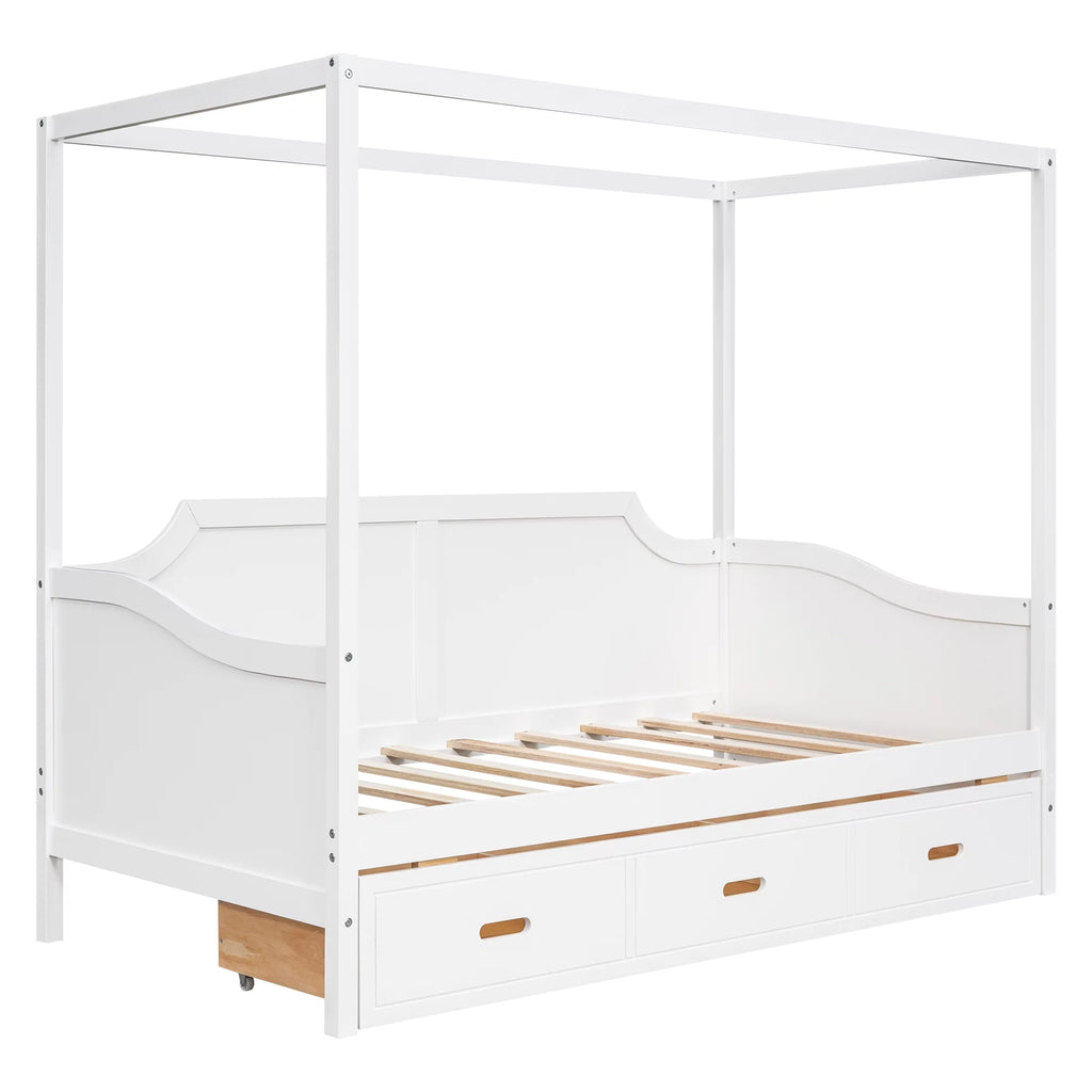 Twin Size Canopy Daybed with Drawer and Slat Support Leg, White X920
