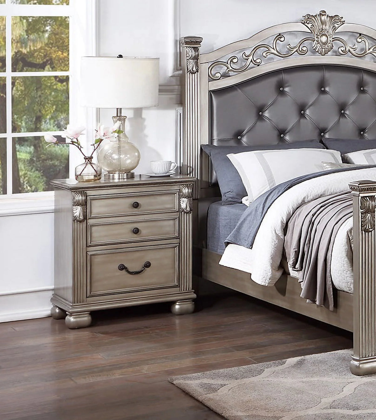 Queen Size Tufted Fabric Bed with 2 Nightstands 3pc Set Grey L115136