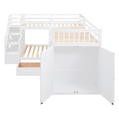 L-Shaped Twin-Twin Over Full Bunk Bed with Stairs and Guardrails H5962
