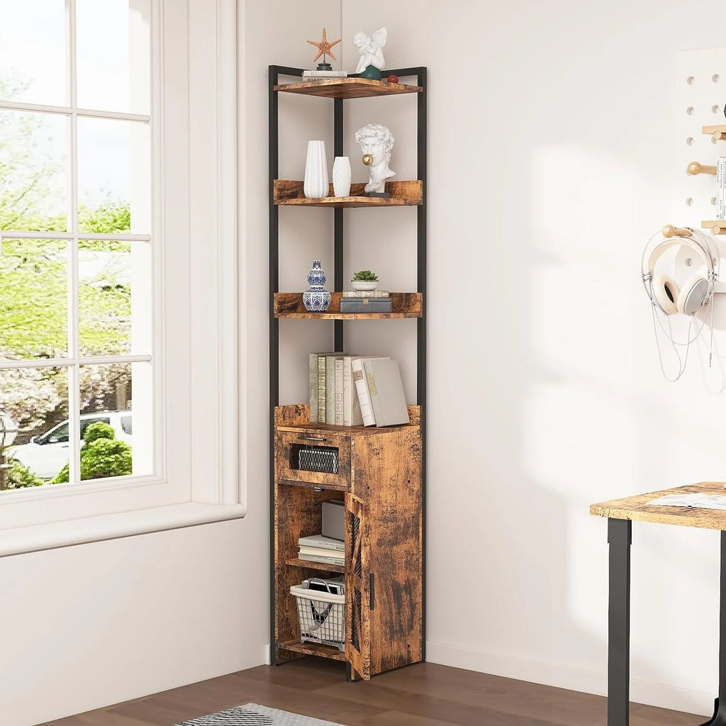 Grey 7-Tier Corner Cabinet with Drawer E2358