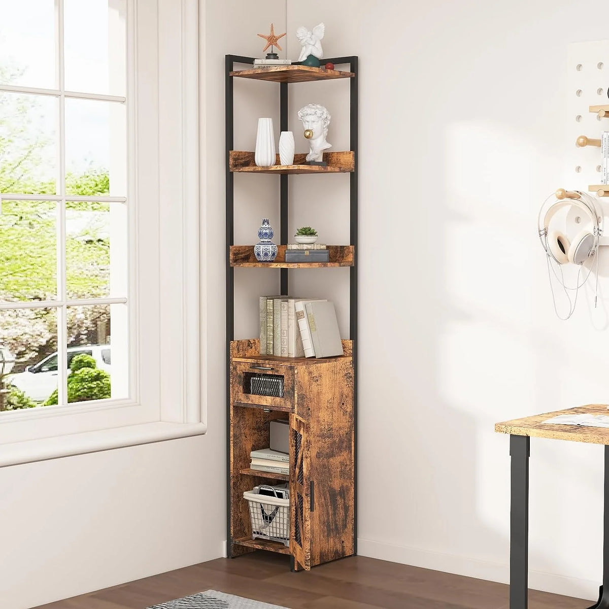 Grey 7-Tier Corner Cabinet with Drawer E2358