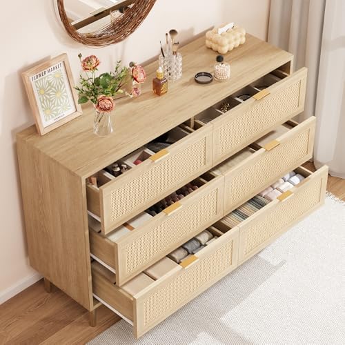 Oak 5 Drawer Rattan Wood Dresser I292046