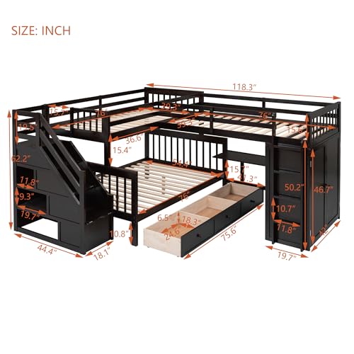 L-Shaped Twin-Twin Over Full Bunk Bed with Stairs and Guardrails H5962