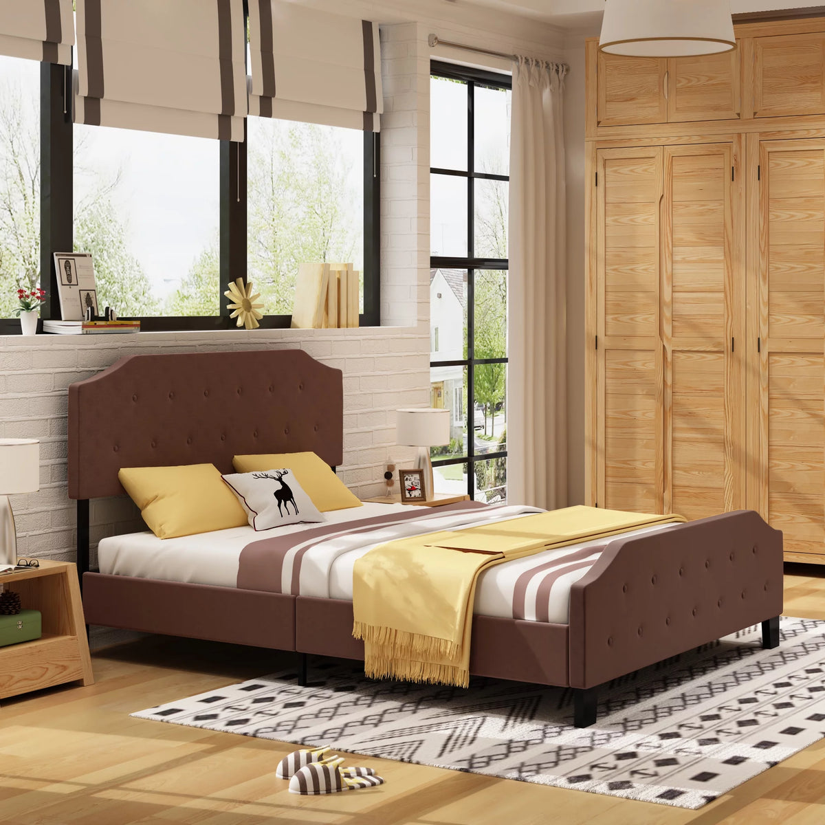Upholstered Tufted Platform Bed Frame Queen Brown O233688