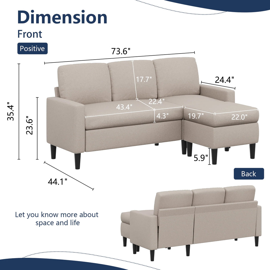 Convertible Sectional Sofa L-Shaped 3-Seat Couch with Reversible Chaise P2699