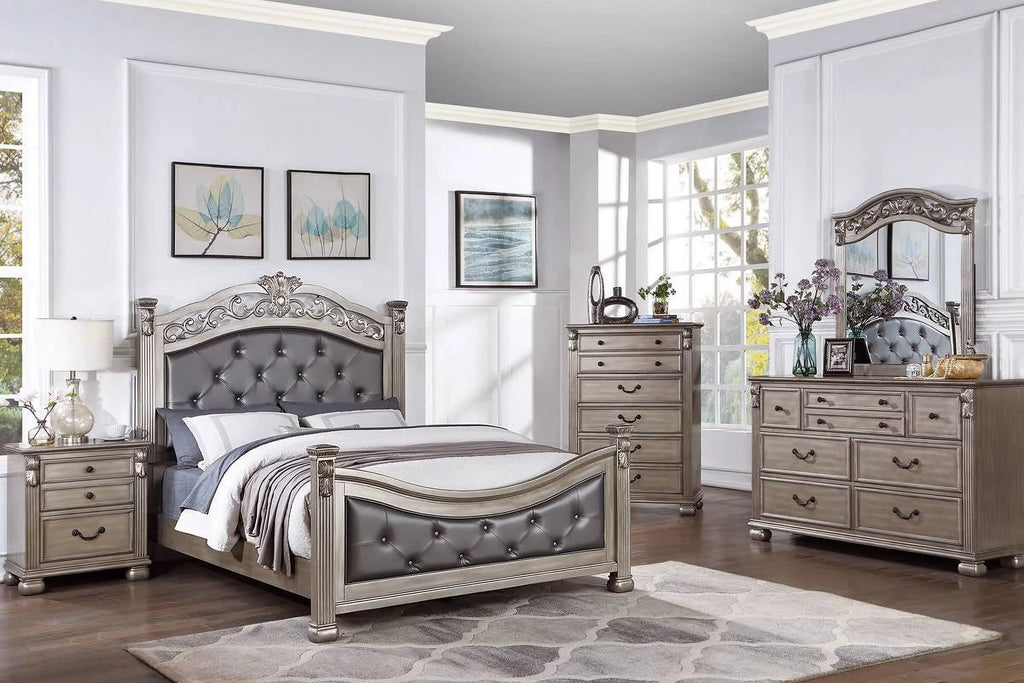 Queen Size Tufted Fabric Bed with 2 Nightstands 3pc Set Grey L115136