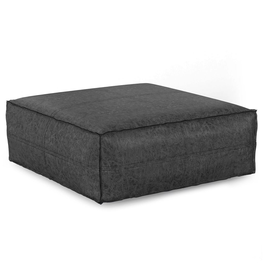 Distressed Black Vegan Faux Leather Pouf F460171