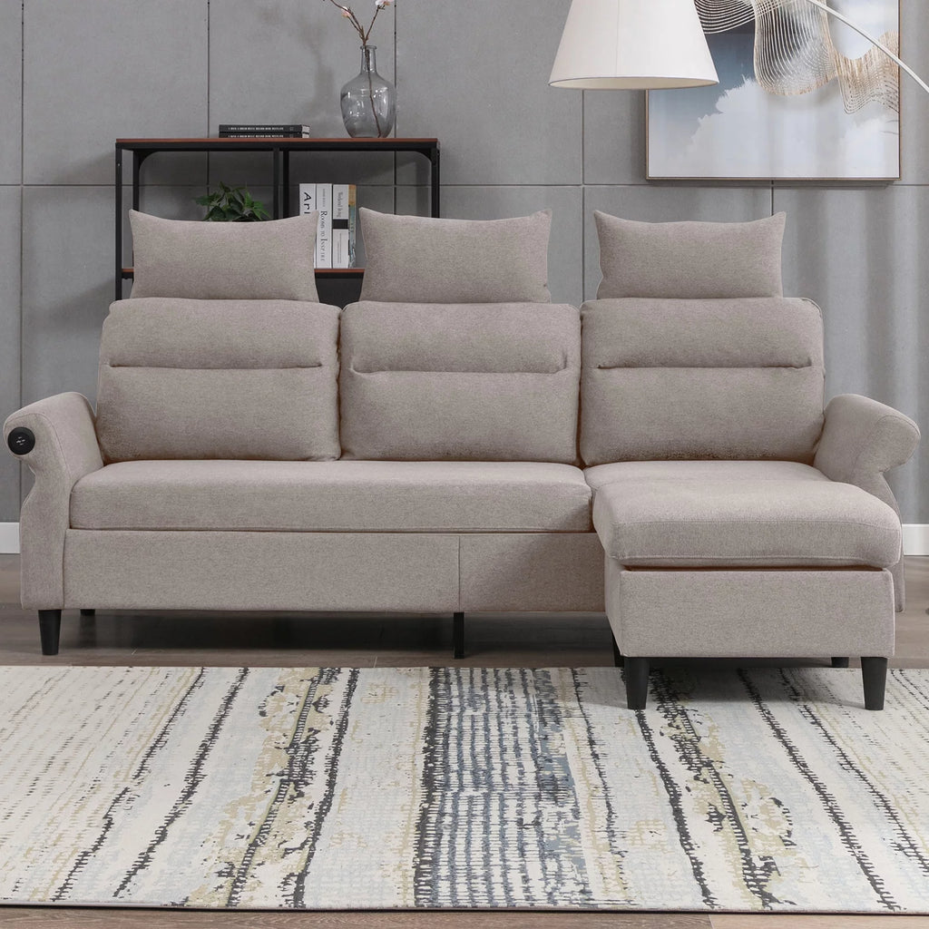 Beige L-Shaped Sectional Sofa with Storage Ottoman and 2 USB Ports Q588056