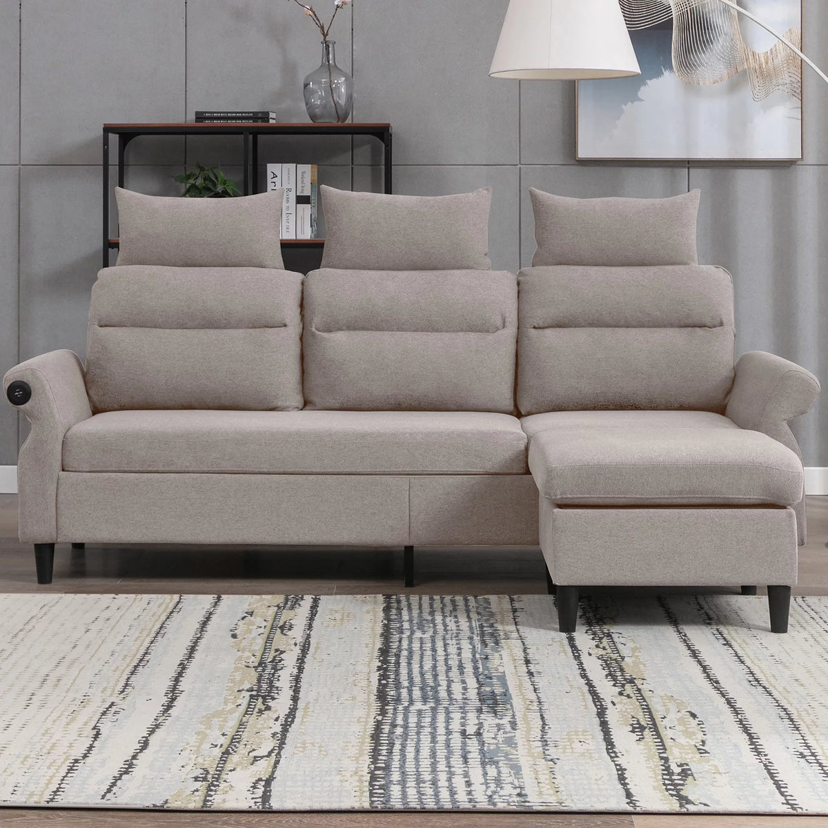 Beige L-Shaped Sectional Sofa with Storage Ottoman and 2 USB Ports Q588056