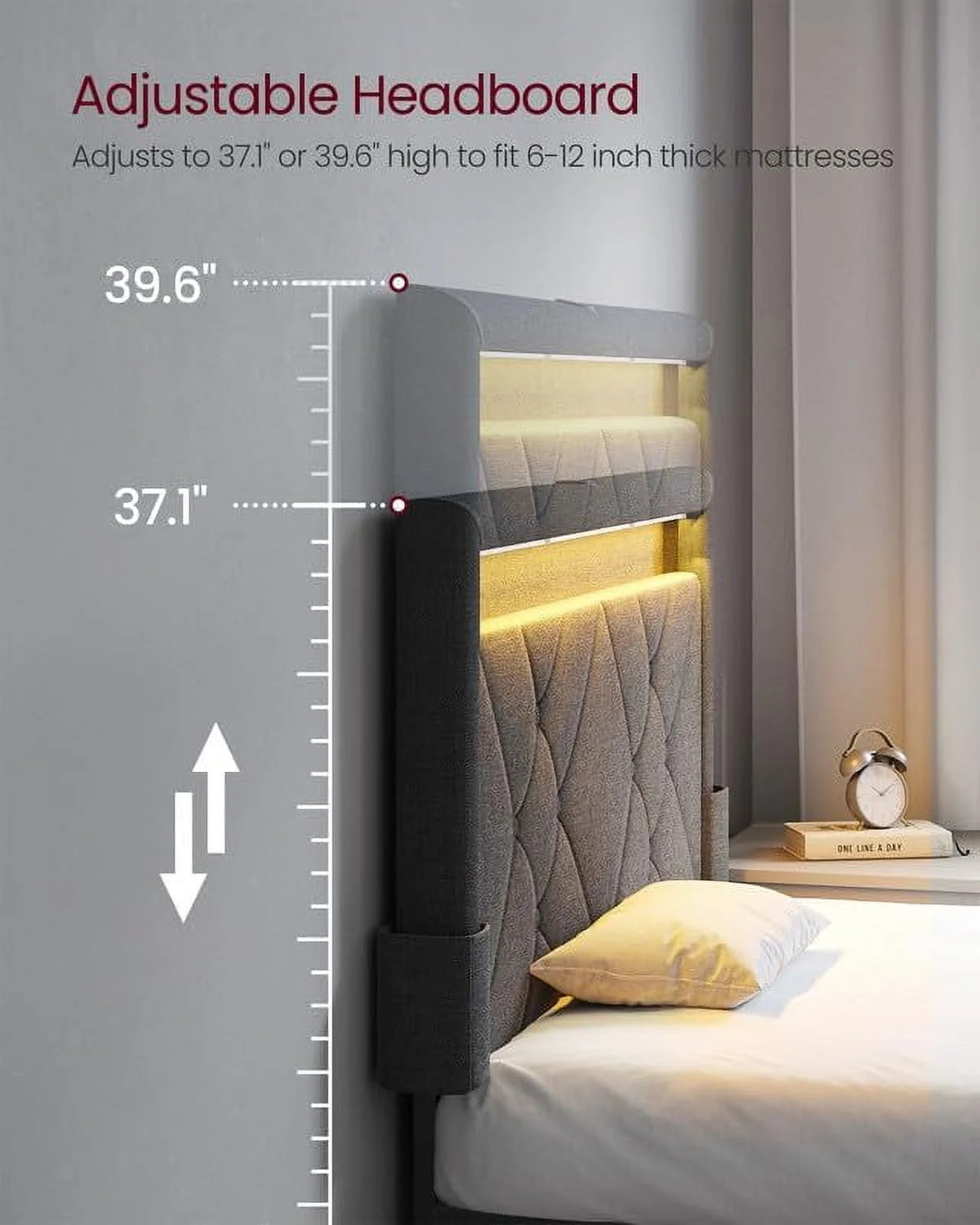 Twin Size LED Bed Frame with Headboard and 4 Drawers Dark Grey P63882