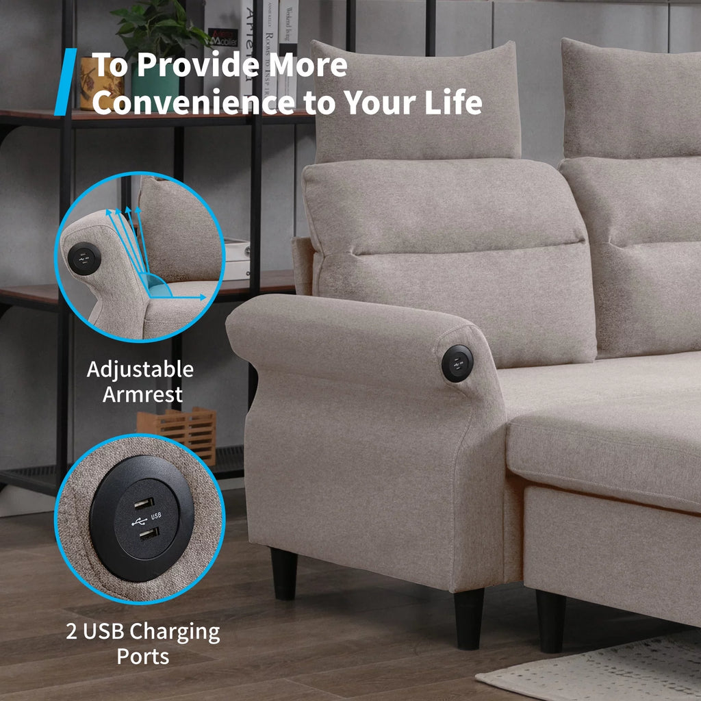 Beige L-Shaped Sectional Sofa with Storage Ottoman and 2 USB Ports Q588056