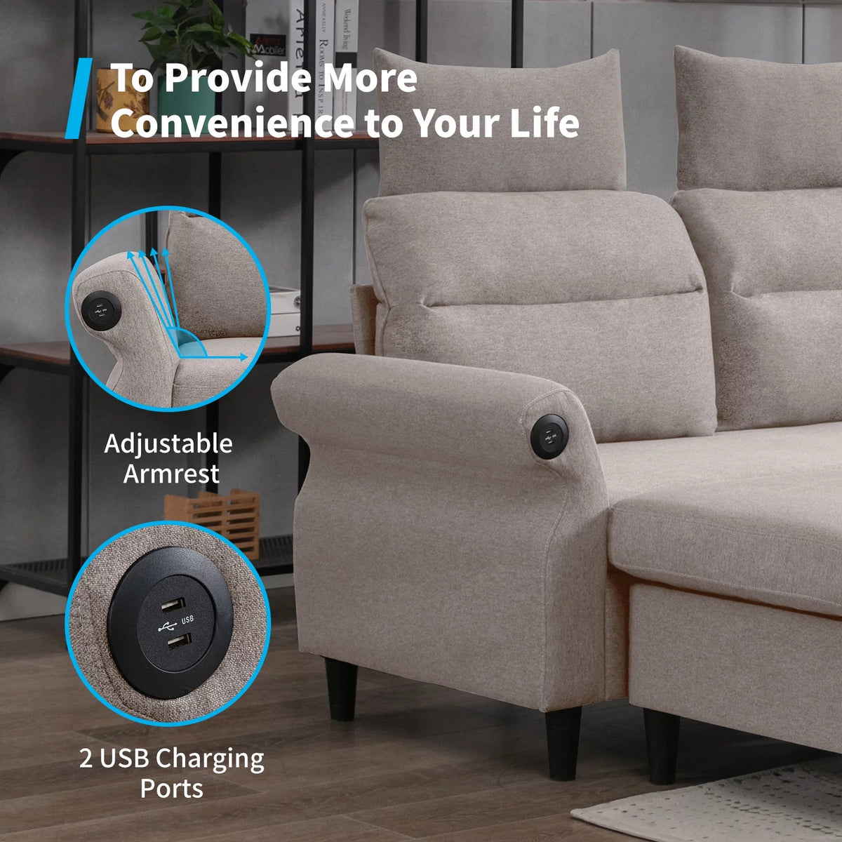 Beige L-Shaped Sectional Sofa with Storage Ottoman and 2 USB Ports Q588056