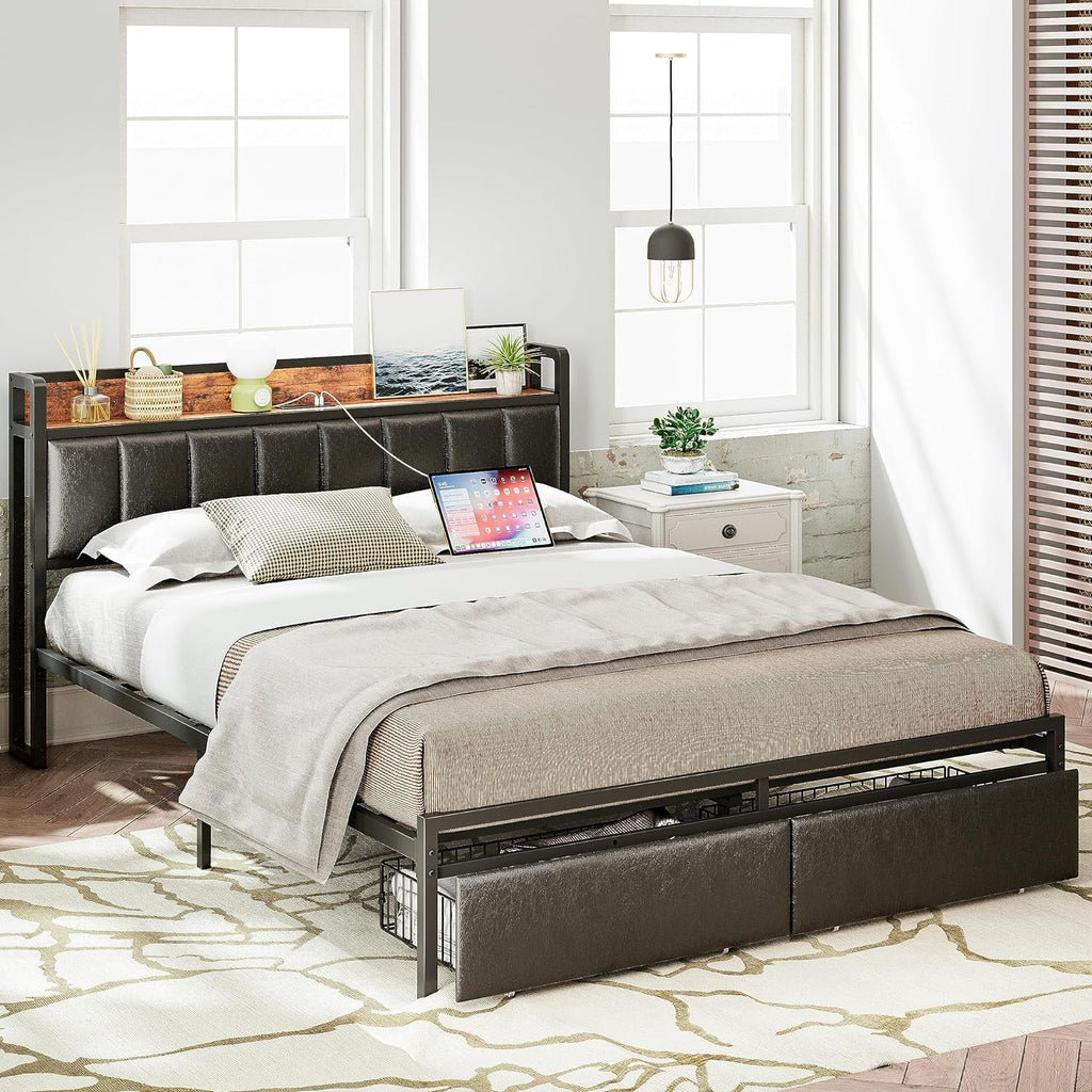 King Storage Bed Frame with Charging Station and Drawers A95008