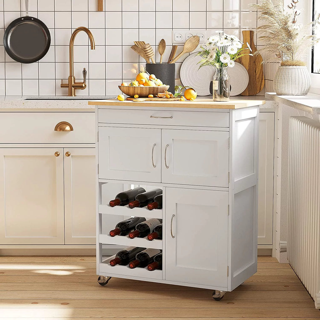 Rolling Kitchen Island with 9-Bottle Wine Rack and Drawer, White X513