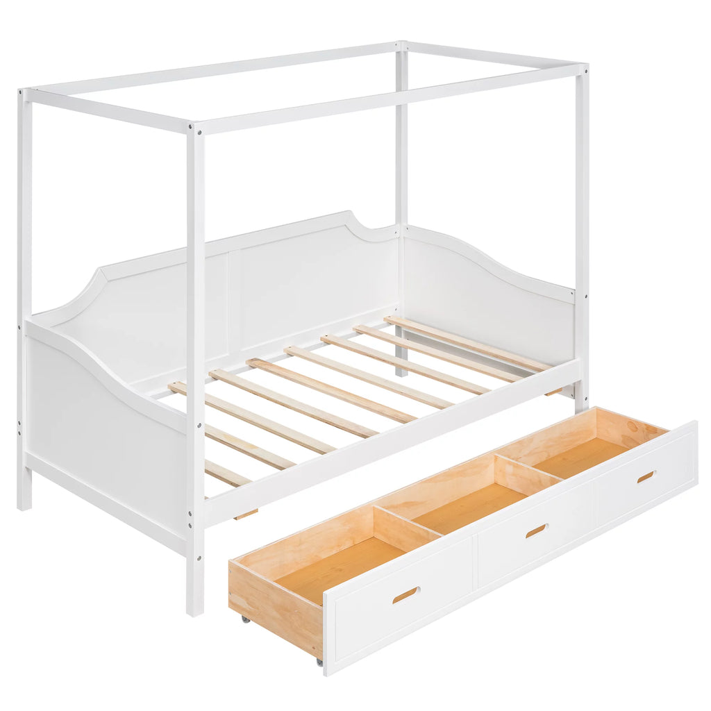 Twin Size Canopy Daybed with Drawer and Slat Support Leg, White X920
