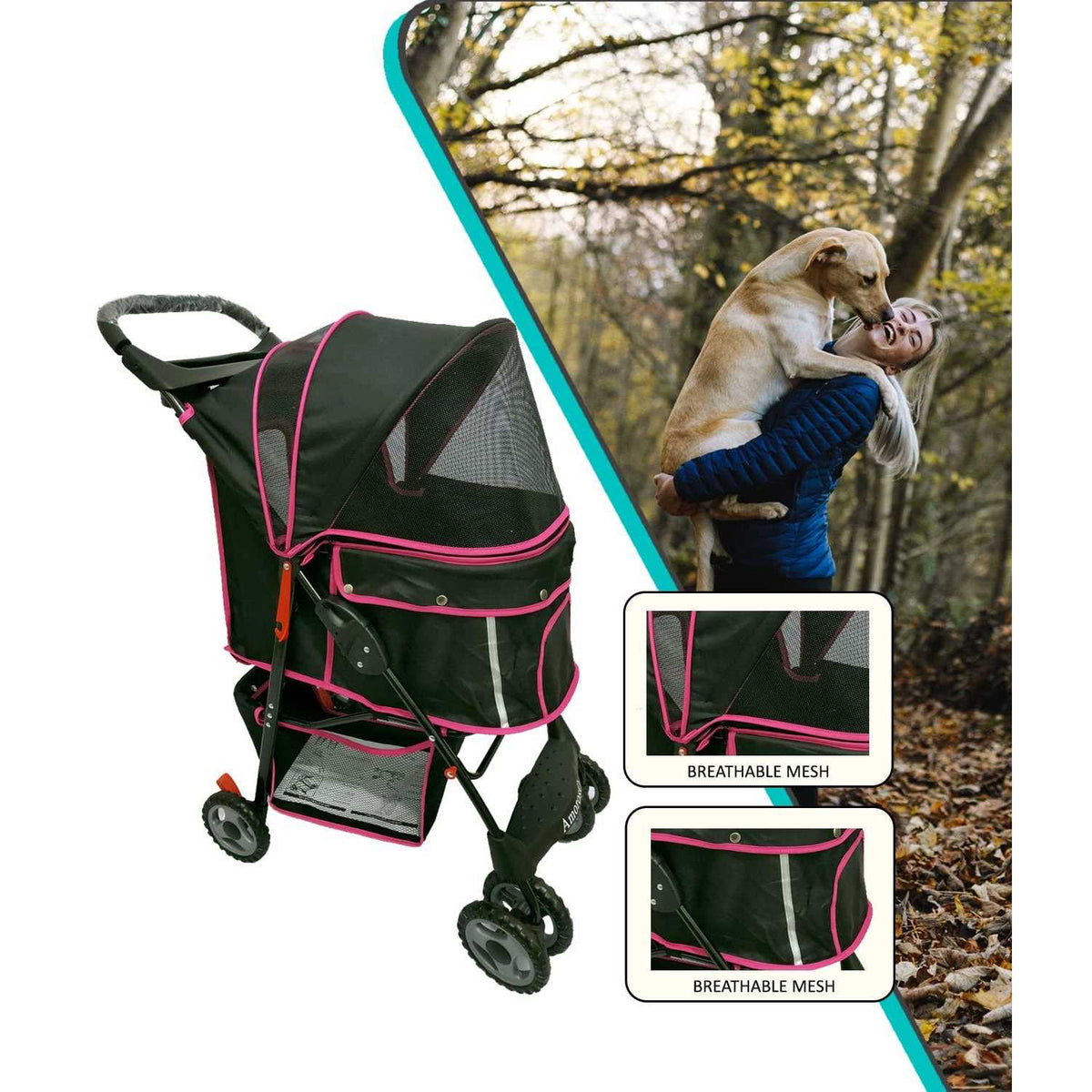 Black Pink Pet Stroller Carrier T12977