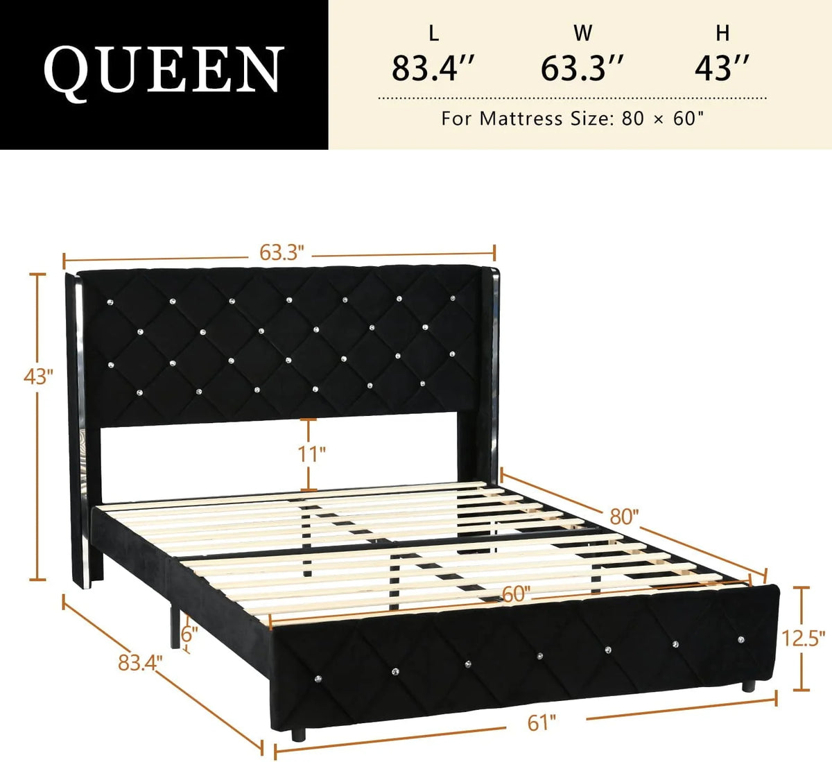 Queen Size Upholstered Platform Bed Frame with Wingback Diamond Tufted Headboard V587