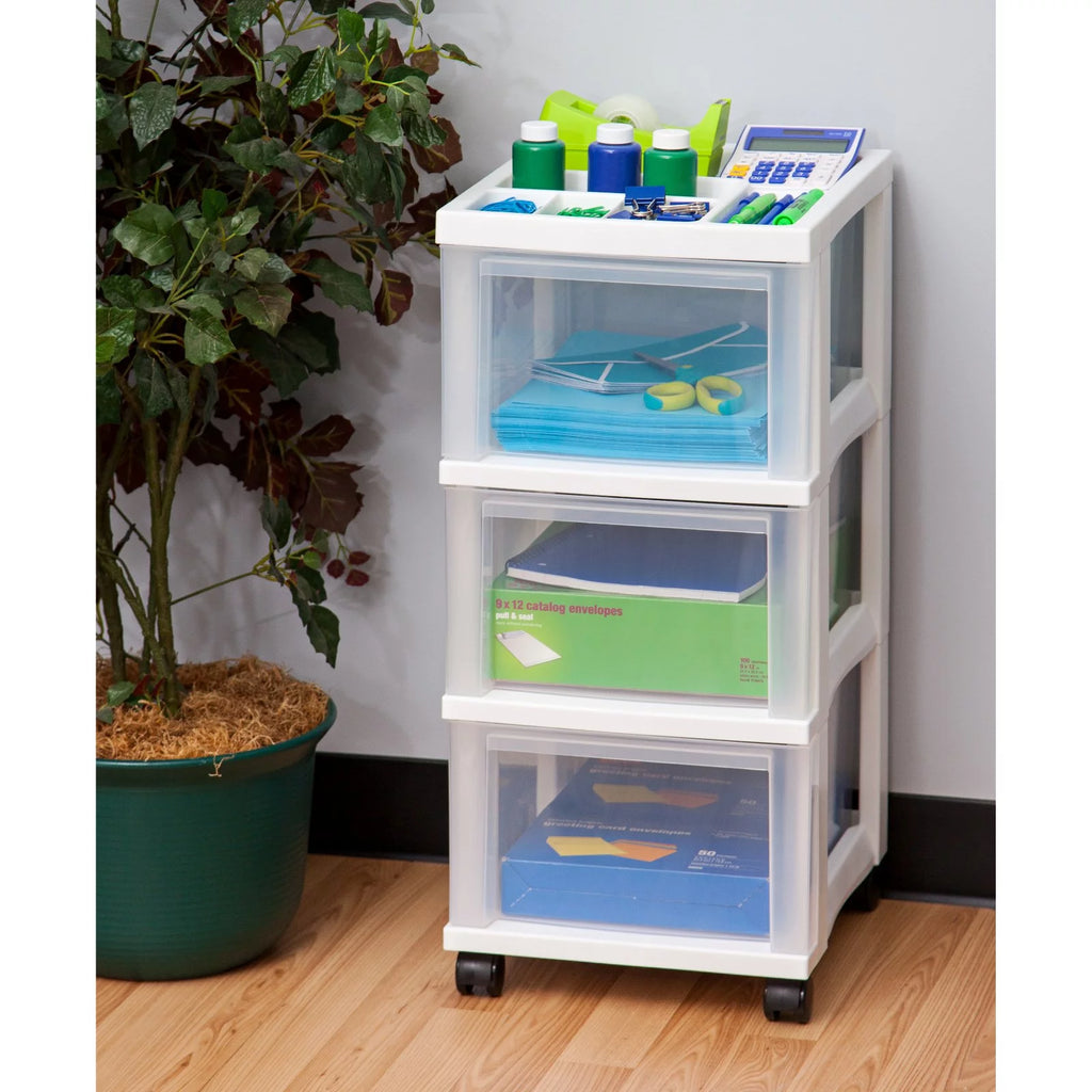 White 3 Drawer Narrow Plastic Storage Drawer with Organizer Top Y686313