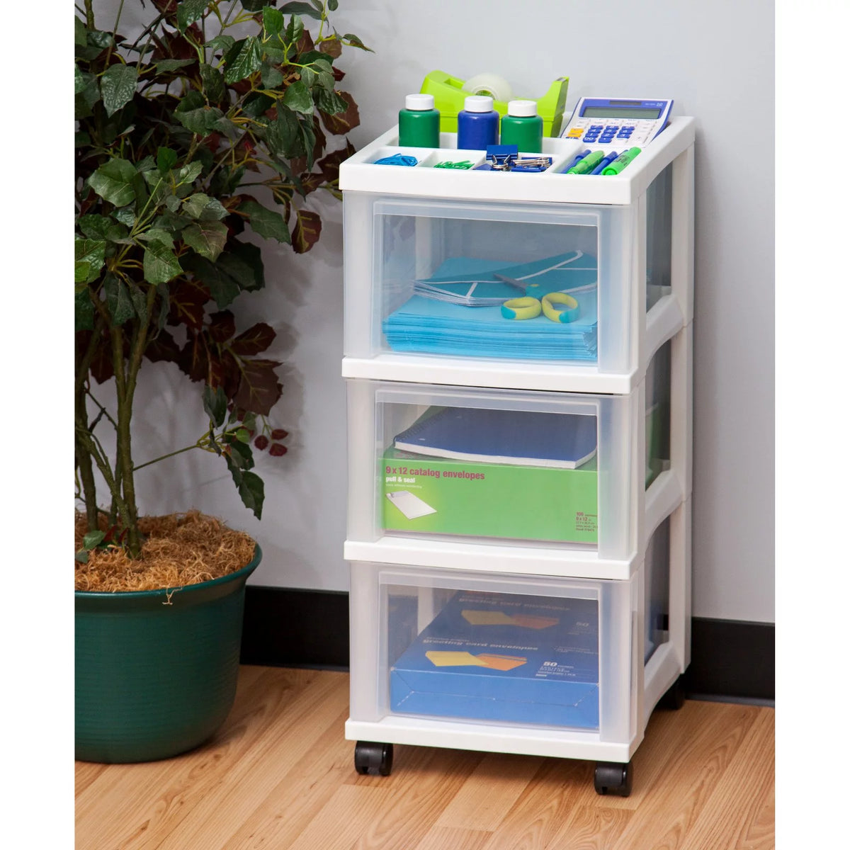 White 3 Drawer Narrow Plastic Storage Drawer with Organizer Top Y686313