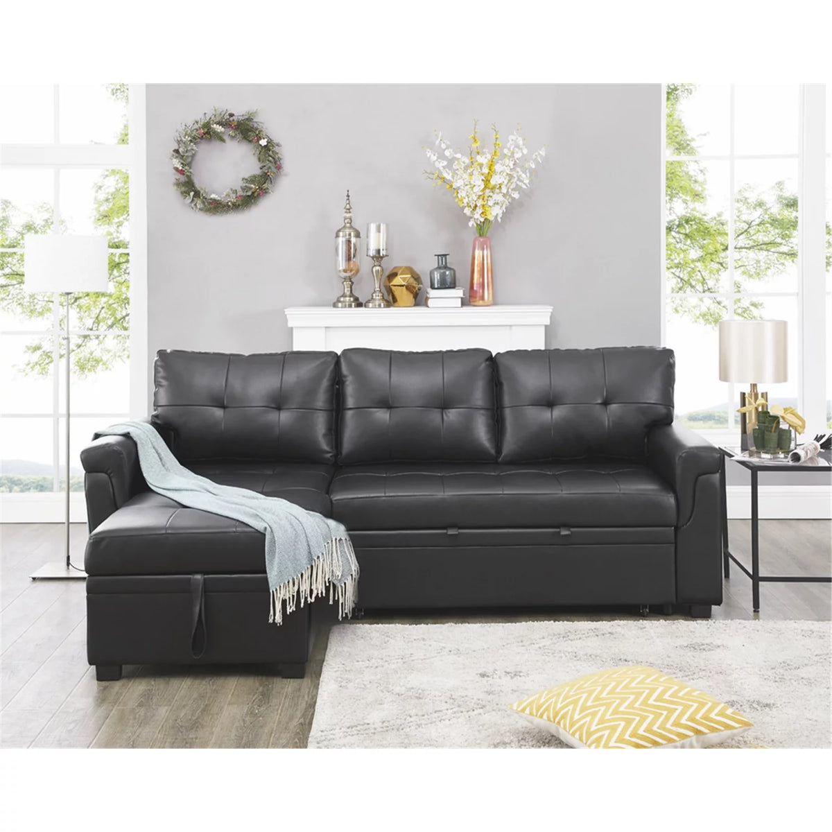 Black Air Leather Reversible Sleeper Sectional Sofa R4266